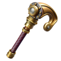 serene rustic A steampunk walking cane with a hidden blade and intricate brass handle, dramatic lighting, realistic rendering high quality png