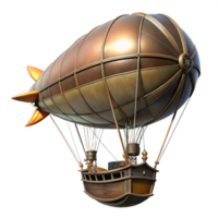 stunning rustic A steampunk zeppelin with intricate rigging and a large gondola, aerial cityscape background, sunset lighting genuine png
