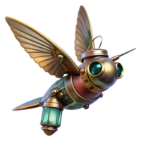 serene vintage A steampunk hummingbird drone with delicate metal wings and a miniature camera, hovering pose, dynamic lighting authentic png