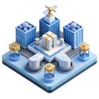 extraordinary contemporary Isometric view of a bustling city square with intricate tile patterns and hovering drones delivering packages, midday, bright lighting, isometric style exclusive png