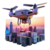 beautiful classic A delivery drone flying over a cityscape, dusk, twilight lighting, futuristic style professional png