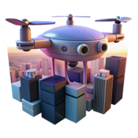 stunning minimalist A delivery drone flying over a cityscape, dusk, twilight lighting, futuristic style genuine png