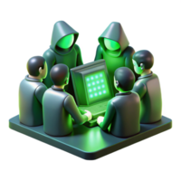 magnificent contemporary A group of hackers huddled around a glowing console in a dimly lit basement, bathed in the green light of the screen. Cyberpunk, gritty realism, photorealistic detailed png