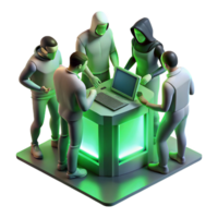 beautiful classic A group of hackers huddled around a glowing console in a dimly lit basement, bathed in the green light of the screen. Cyberpunk, gritty realism, photorealistic high resolution png