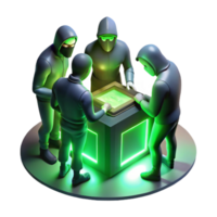 magnificent vintage A group of hackers huddled around a glowing console in a dimly lit basement, bathed in the green light of the screen. Cyberpunk, gritty realism, photorealistic genuine png