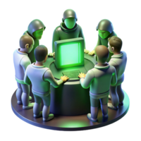 vibrant classic A group of hackers huddled around a glowing console in a dimly lit basement, bathed in the green light of the screen. Cyberpunk, gritty realism, photorealistic authentic png