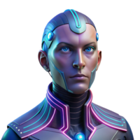 serene contemporary Portrait of a cybernetic human with glowing circuitry and metallic skin, neon lighting, cyberpunk style high quality png