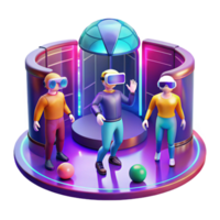 serein minimaliste une virtuel réalité arcade avec gens immergé dans coloré simulations, baigné dans le lueur de le vr casques. cyberpunk, vibrant, futuriste original png