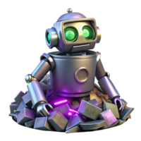 beautiful minimalist A decaying robot discarded in a pile of trash, with flickering neon lights reflecting in its metallic surface. Cyberpunk, dystopian, gritty high quality png