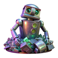 impressive vintage A decaying robot discarded in a pile of trash, with flickering neon lights reflecting in its metallic surface. Cyberpunk, dystopian, gritty high resolution png