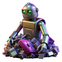 magnificent rustic A decaying robot discarded in a pile of trash, with flickering neon lights reflecting in its metallic surface. Cyberpunk, dystopian, gritty authentic png