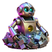 stunning rustic A decaying robot discarded in a pile of trash, with flickering neon lights reflecting in its metallic surface. Cyberpunk, dystopian, gritty original png