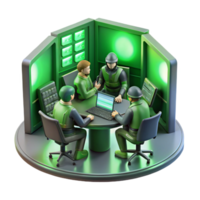 dramatic artistic A group of rebels planning a cyberattack in a hidden bunker, lit by the green glow of computer screens. Cyberpunk, resistance, clandestine genuine png