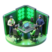 serene modern A group of rebels planning a cyberattack in a hidden bunker, lit by the green glow of computer screens. Cyberpunk, resistance, clandestine genuine png
