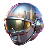 serene classic A futuristic cityscape reflected in the chrome visor of a cyborg's helmet. Cyberpunk, reflective, abstract genuine png