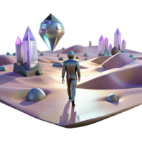 vibrant vintage A lone figure walking through a digital desert, with glitching holographic mirages shimmering in the distance. Cyberpunk, surreal, desolate detailed png