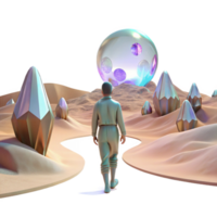 stunning classic A lone figure walking through a digital desert, with glitching holographic mirages shimmering in the distance. Cyberpunk, surreal, desolate detailed png