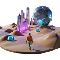 serene abstract A lone figure walking through a digital desert, with glitching holographic mirages shimmering in the distance. Cyberpunk, surreal, desolate high quality png