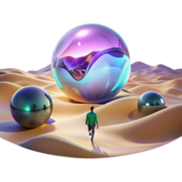 elegant classic A lone figure walking through a digital desert, with glitching holographic mirages shimmering in the distance. Cyberpunk, surreal, desolate high quality png