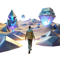 beautiful rustic A lone figure walking through a digital desert, with glitching holographic mirages shimmering in the distance. Cyberpunk, surreal, desolate detailed png