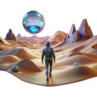 extraordinary contemporary A lone figure walking through a digital desert, with glitching holographic mirages shimmering in the distance. Cyberpunk, surreal, desolate original png