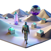 beautiful traditional A lone figure walking through a digital desert, with glitching holographic mirages shimmering in the distance. Cyberpunk, surreal, desolate high resolution png