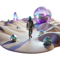 extraordinary modern A lone figure walking through a digital desert, with glitching holographic mirages shimmering in the distance. Cyberpunk, surreal, desolate 4K png