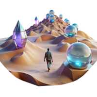 stunning rustic A lone figure walking through a digital desert, with glitching holographic mirages shimmering in the distance. Cyberpunk, surreal, desolate premium png