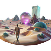 beautiful minimalist A lone figure walking through a digital desert, with glitching holographic mirages shimmering in the distance. Cyberpunk, surreal, desolate authentic png