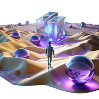 extraordinary traditional A lone figure walking through a digital desert, with glitching holographic mirages shimmering in the distance. Cyberpunk, surreal, desolate 4K png