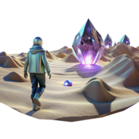 stunning artistic A lone figure walking through a digital desert, with glitching holographic mirages shimmering in the distance. Cyberpunk, surreal, desolate exclusive png
