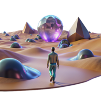 elegant vintage A lone figure walking through a digital desert, with glitching holographic mirages shimmering in the distance. Cyberpunk, surreal, desolate 4K png