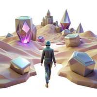 stunning minimalist A lone figure walking through a digital desert, with glitching holographic mirages shimmering in the distance. Cyberpunk, surreal, desolate detailed png