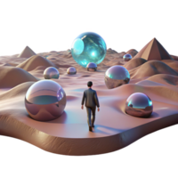 extraordinary artistic A lone figure walking through a digital desert, with glitching holographic mirages shimmering in the distance. Cyberpunk, surreal, desolate high resolution png