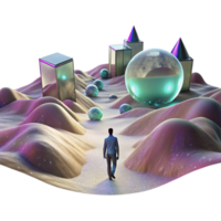 elegant creative A lone figure walking through a digital desert, with glitching holographic mirages shimmering in the distance. Cyberpunk, surreal, desolate professional png