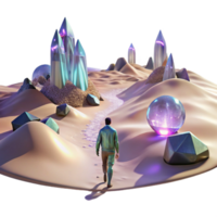 impressive contemporary A lone figure walking through a digital desert, with glitching holographic mirages shimmering in the distance. Cyberpunk, surreal, desolate detailed png