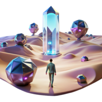 extraordinary classic A lone figure walking through a digital desert, with glitching holographic mirages shimmering in the distance. Cyberpunk, surreal, desolate original png