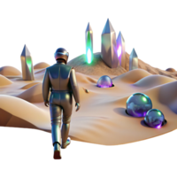 wonderful artistic A lone figure walking through a digital desert, with glitching holographic mirages shimmering in the distance. Cyberpunk, surreal, desolate genuine png