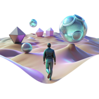 extraordinary rustic A lone figure walking through a digital desert, with glitching holographic mirages shimmering in the distance. Cyberpunk, surreal, desolate premium png