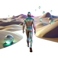 impressive modern A lone figure walking through a digital desert, with glitching holographic mirages shimmering in the distance. Cyberpunk, surreal, desolate original png