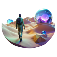 stunning abstract A lone figure walking through a digital desert, with glitching holographic mirages shimmering in the distance. Cyberpunk, surreal, desolate detailed png