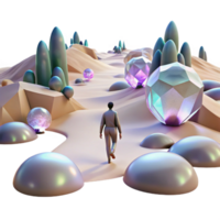 extraordinary minimalist A lone figure walking through a digital desert, with glitching holographic mirages shimmering in the distance. Cyberpunk, surreal, desolate authentic png