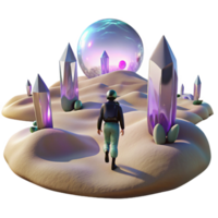 stunning classic A lone figure walking through a digital desert, with glitching holographic mirages shimmering in the distance. Cyberpunk, surreal, desolate original png