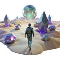 extraordinary classic A lone figure walking through a digital desert, with glitching holographic mirages shimmering in the distance. Cyberpunk, surreal, desolate high resolution png