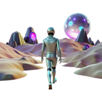 serene classic A lone figure walking through a digital desert, with glitching holographic mirages shimmering in the distance. Cyberpunk, surreal, desolate high quality png