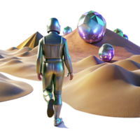 wonderful artistic A lone figure walking through a digital desert, with glitching holographic mirages shimmering in the distance. Cyberpunk, surreal, desolate authentic png