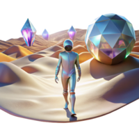 serene minimalist A lone figure walking through a digital desert, with glitching holographic mirages shimmering in the distance. Cyberpunk, surreal, desolate exclusive png