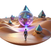 wonderful vintage A lone figure walking through a digital desert, with glitching holographic mirages shimmering in the distance. Cyberpunk, surreal, desolate authentic png