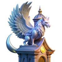 elegant modern A majestic griffin with iridescent feathers, perched atop a crumbling clock tower, bathed in ethereal moonlight. Art Nouveau style, sharp focus high resolution png
