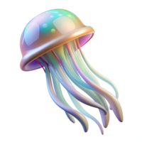 serene contemporary A floating, ethereal jellyfish with trailing tentacles of light, pulsating with rainbow colors, in a bioluminescent art style, high resolution png